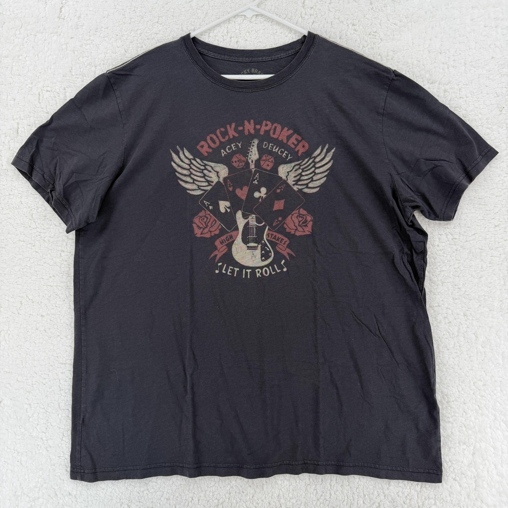 Lucky Brand Rock N Poker Shirt Mens 2XL Gray Graphic Guitar Cards Casino